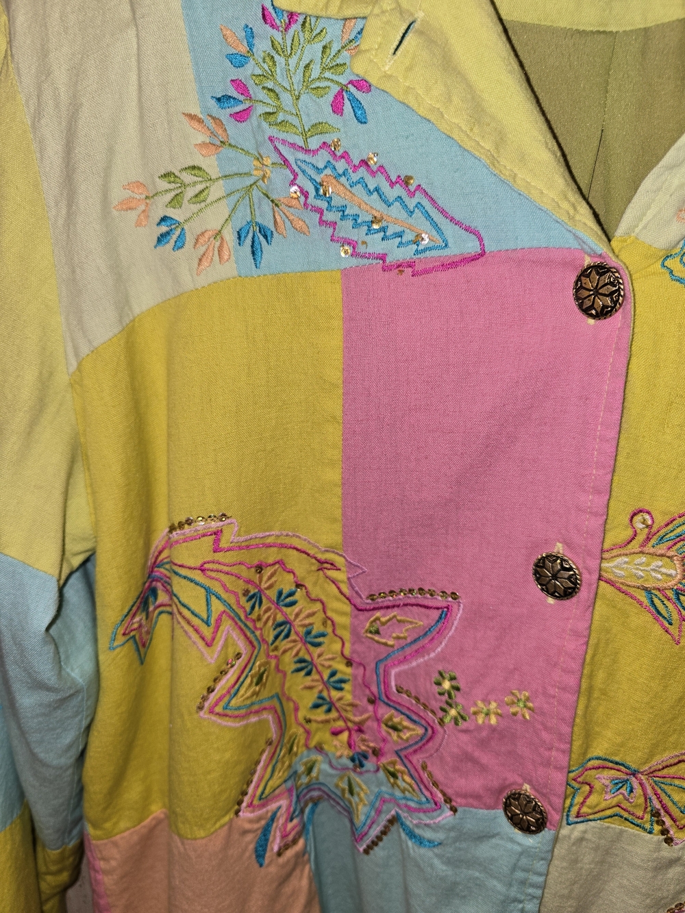 Indigo Moon Pastel Patchwork Embroidered Button Front Jacket - Picture 5 of 14